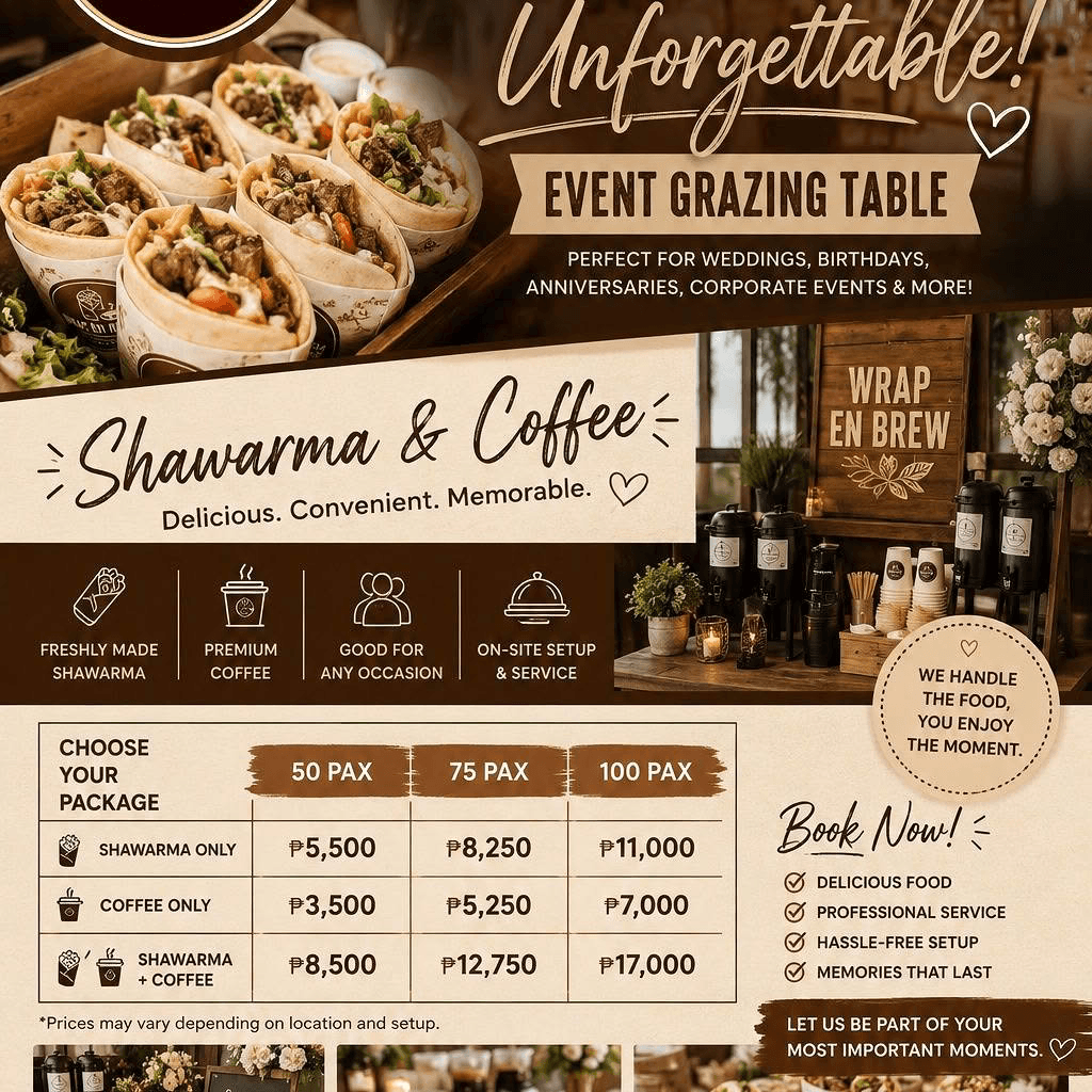 Wrap en Brew shawarma and coffee grazing table event packages for 50, 75, and 100 guests